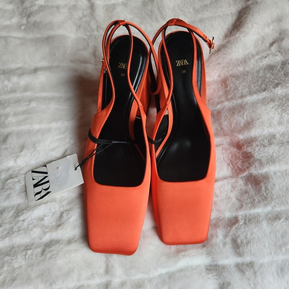 Zara Satin Effects Slingback Heels Orange Sizes: 9, 10 available New - Picture 8 of 15